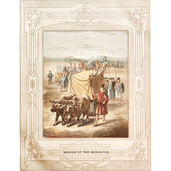 1853 Service Of The Merarites Rare Colored Engraving Victorian Bible Art DWNN23 - Picture 3 of 4